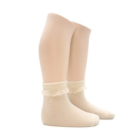 Calcetin Infantil Calado Corazones Puntilla Marfil