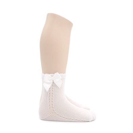 Calcetin intantil Valentin Calado Algodon Perle Blanco Lazo 01