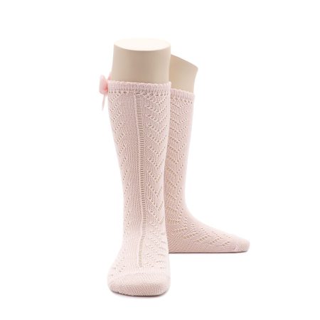 Calcetin intantil Valentin Alto Calado Perle Rosa Lazo 02