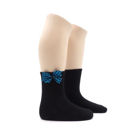 Calcetin Infantil Valentin Bajo Blanco Lazo Vichy azul 01