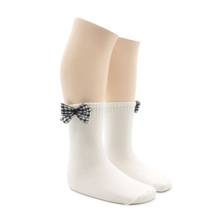 Calcetin Infantil Valentin Bajo Blanco Lazo Vichy negro 01