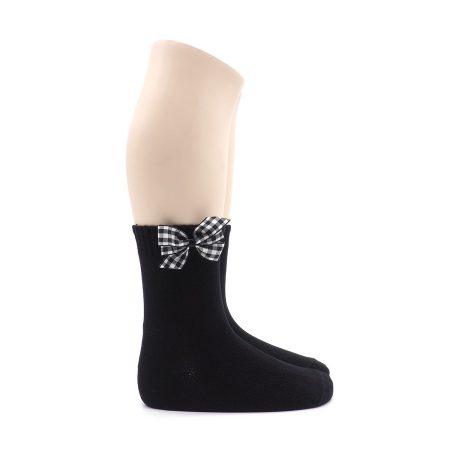 Calcetin Infantil Valentin Bajo Negro Lazo Vichy Blanco Negro 01