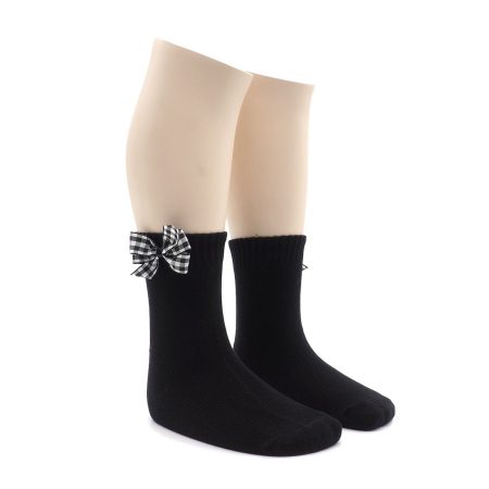 Calcetin Infantil Valentin Bajo Negro Lazo Vichy Blanco Negro 02
