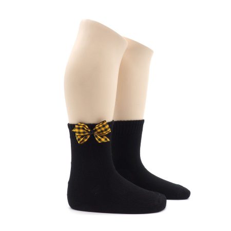 Calcetin Infantil Valentin Bajo Negro Lazo Vichy amarillo 01