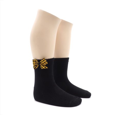 Calcetin Infantil Valentin Bajo Negro Lazo Vichy amarillo 02