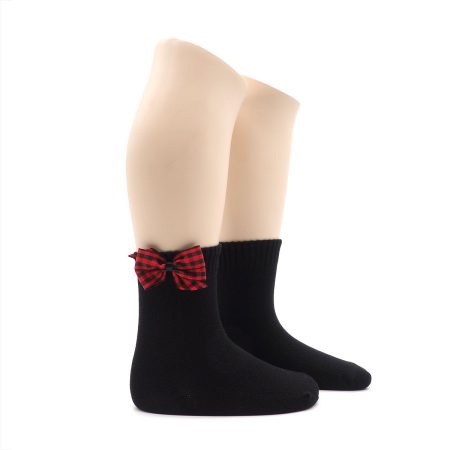 Calcetin Infantil Valentin Bajo Negro Lazo Vichy rojo 01