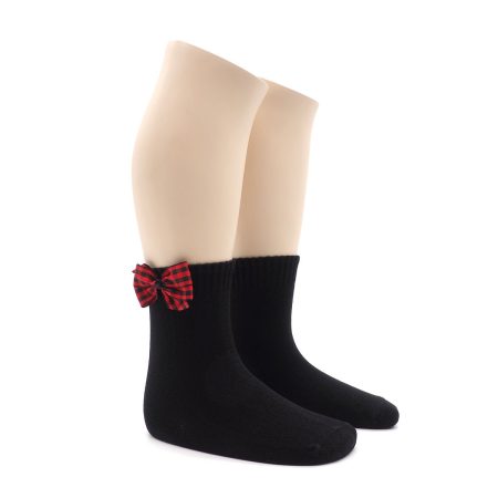 Calcetin Infantil Valentin Bajo Negro Lazo Vichy rojo 02